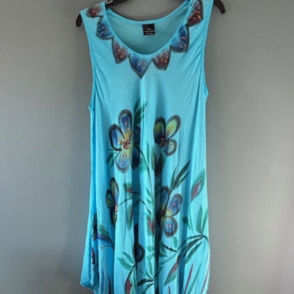 Ace Fashion One Size Hand Painted Turquoise Floral Dress Hi Lo Artwear Boho